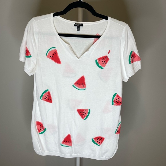 Talbots Tops - Talbots White Watermelon Print V-Neck Knit Tee Size Large Petite